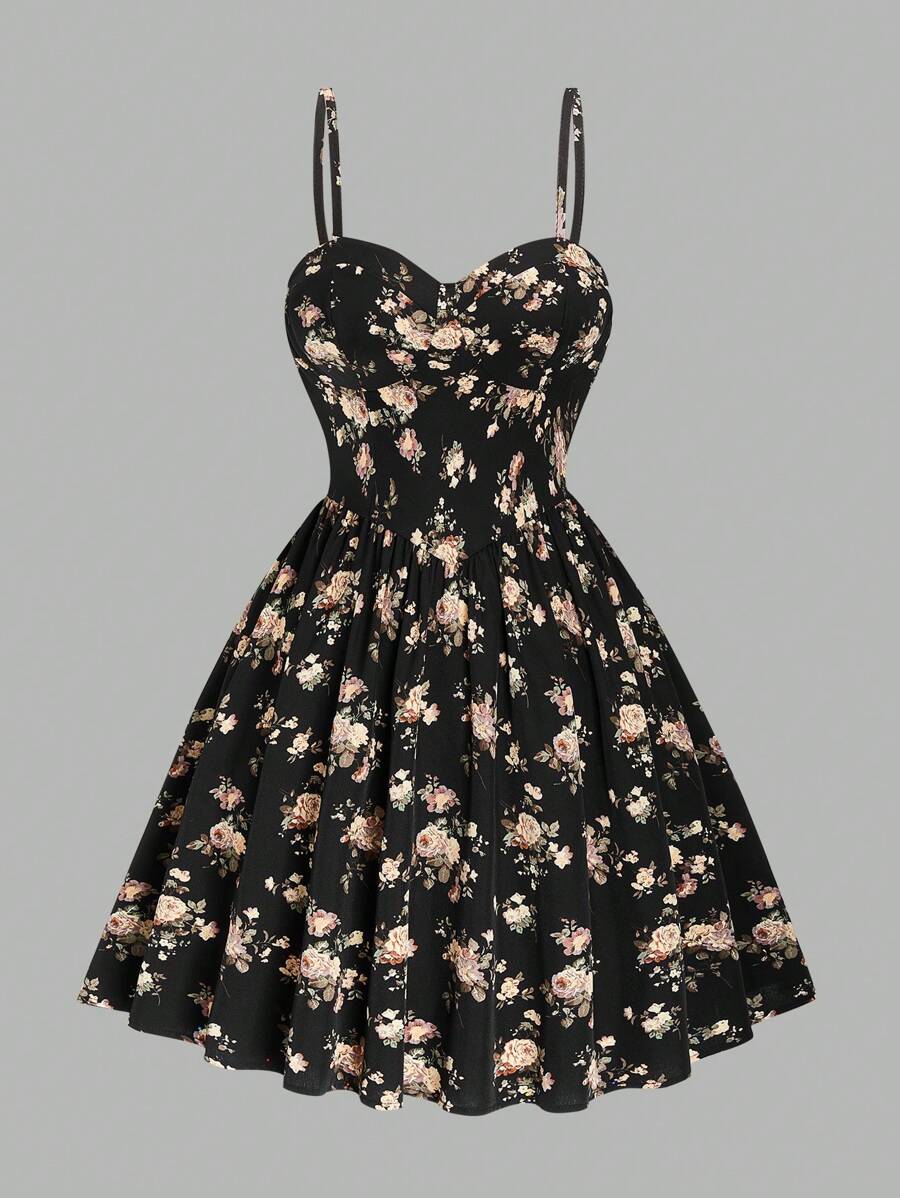 Sweetra Plus Size Elegante Bloemenprint Verstelbare Elastische Taille Cami Jurk, Voor De Zomer