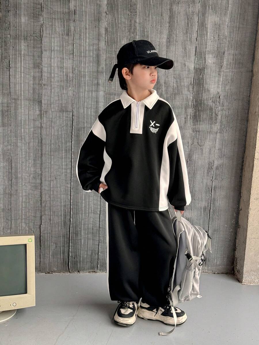 2pcs/Set Tween Boys Casual Korean Style Print Patchwork Colorblock Hooded Top And Loose Sweatpants Set, Suitable For School, Garden, Beach, Birthday, Spring/Summer/Autumn/Winter Seasons