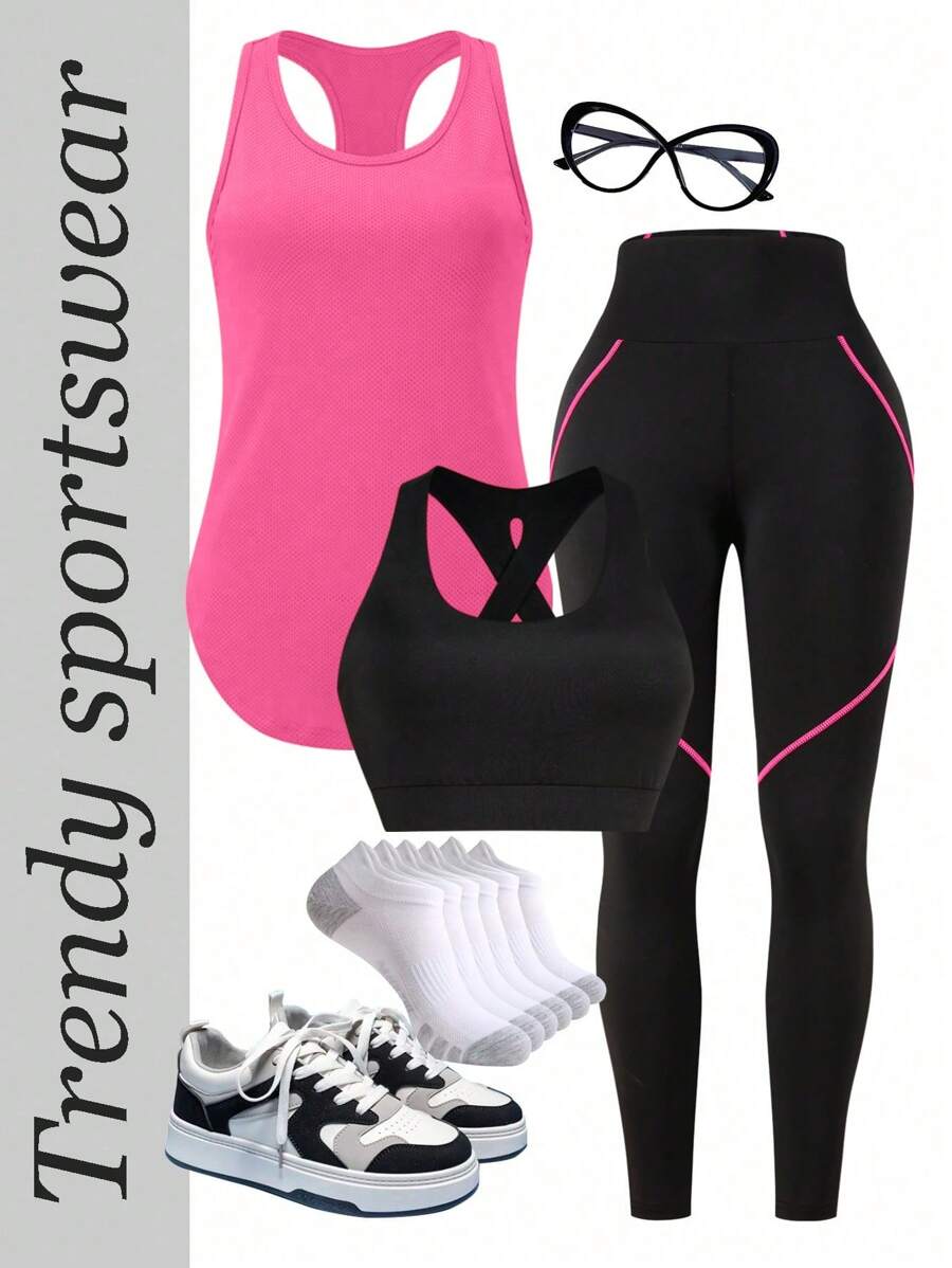 Easify SHEIN Sport 3 stuks dames effen kleur ronde hals gekruiste rug tanktop en leggings sportsets, casual dames workoutset dames leggingset