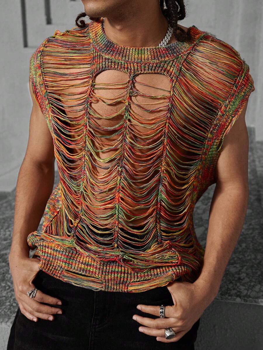 Manfinity EMRG Men's Crew Neck Sleeveless Ripped Knit Vest, Casual Everyday Wear, Men Rave Top, Men Crochet Top, Fishnet Top Men, Mesh Men Top, Knit Top Men