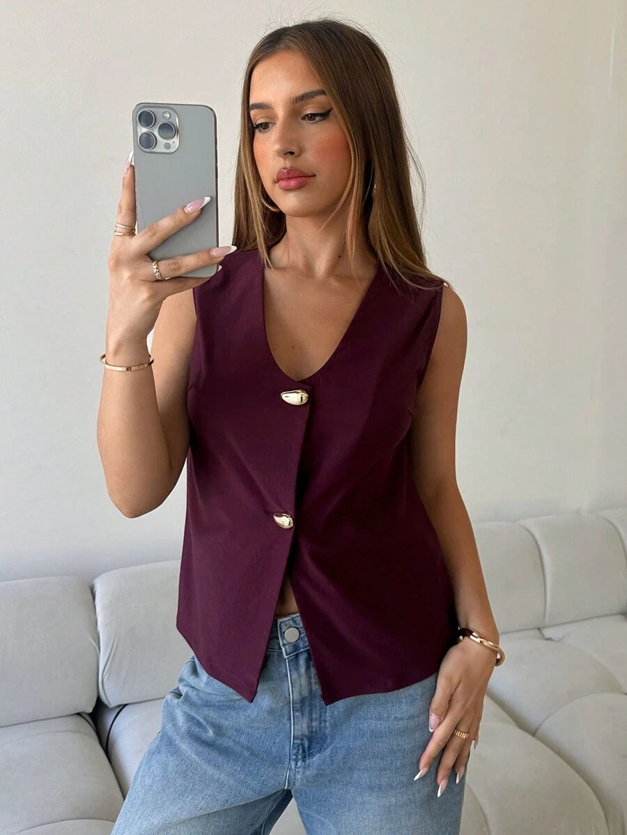 Aloruh Top de chaleco de mujer de uso diario y para la oficina, elegante y sexy, con escote profundo en V y hebilla de metal decorativa, en color burdeos