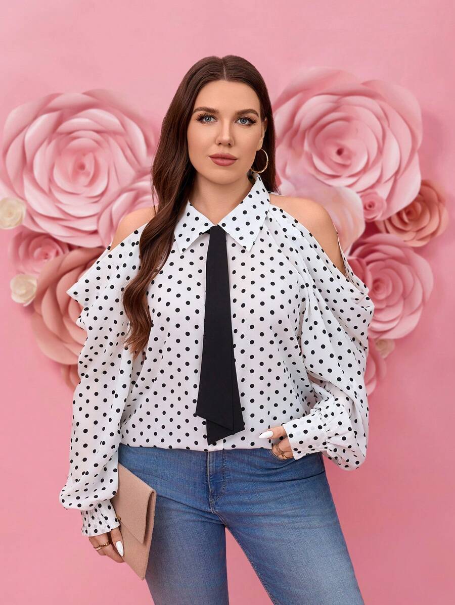 SHEIN LUNE Plus Size Elegant Polka Dot Off Shoulder Long Sleeve Shirt New Year Summer Women's Clothing