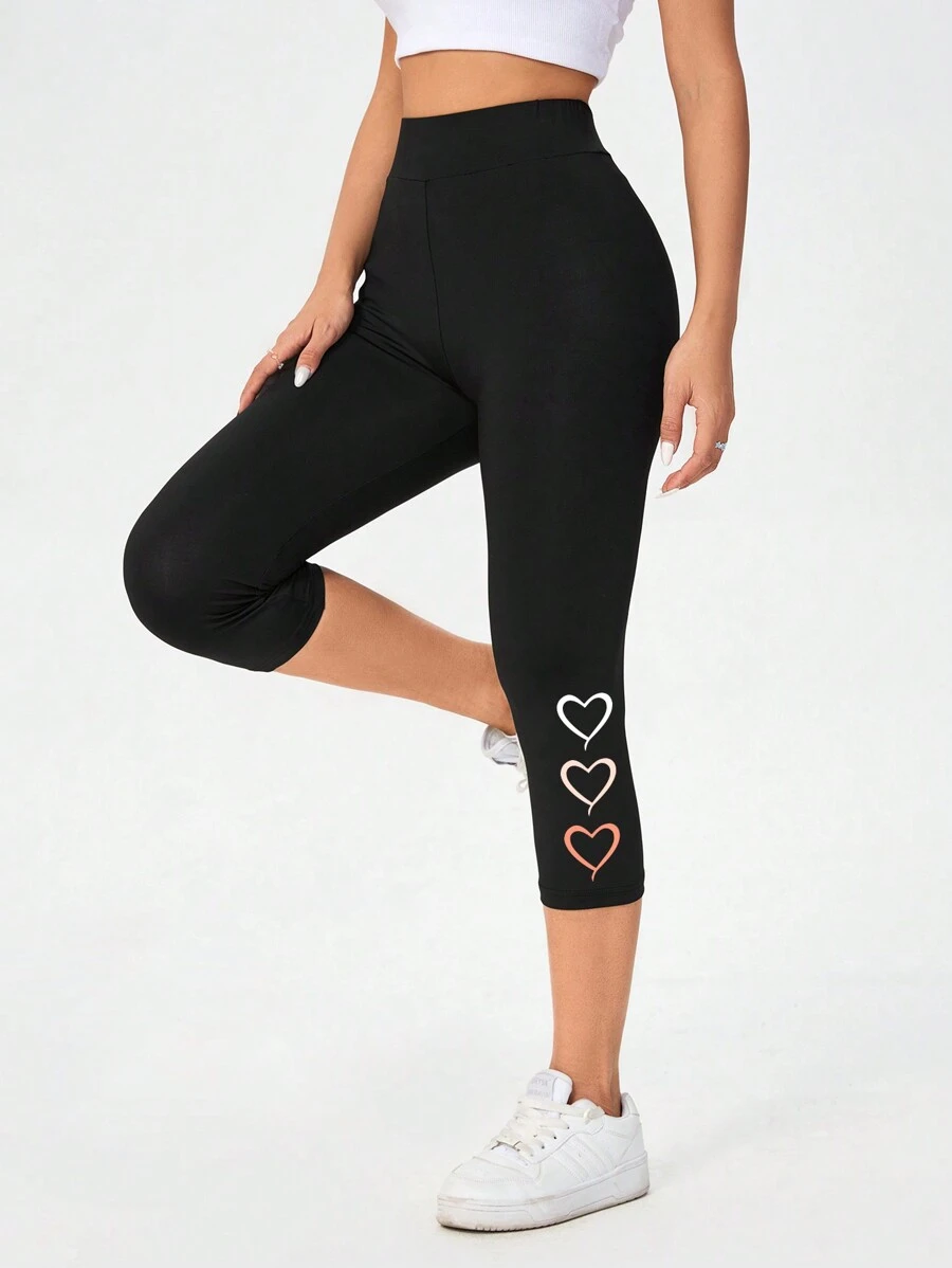 SHEIN Essnce Casual Heart Graphic High Waist Tight Women's 3/4 Length Leggings Bike Shorts, Spring/Summer
