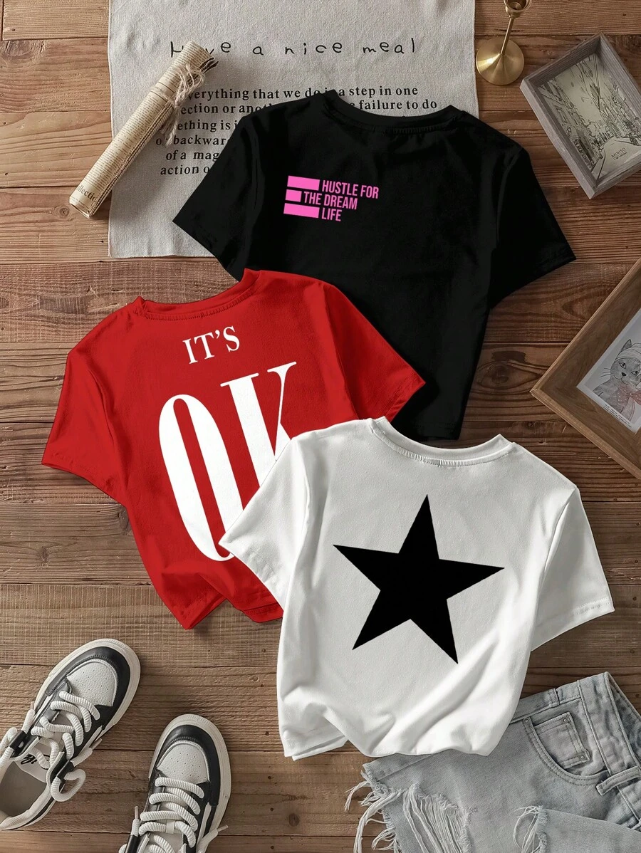 SHEIN EZwear 3pcs/Set Casual Simple Star & English Letter Print Crop Top Tee, Suitable For Summer