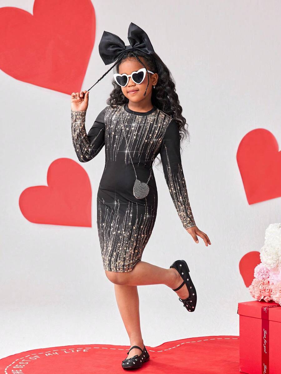 Vestido negro de manga larga con cuello redondo, degradado y brillo, con estampado gráfico para niñas preadolescentes. Bellamente diseñado, adecuado para todas las estaciones, eventos formales, salidas y para ir a juego