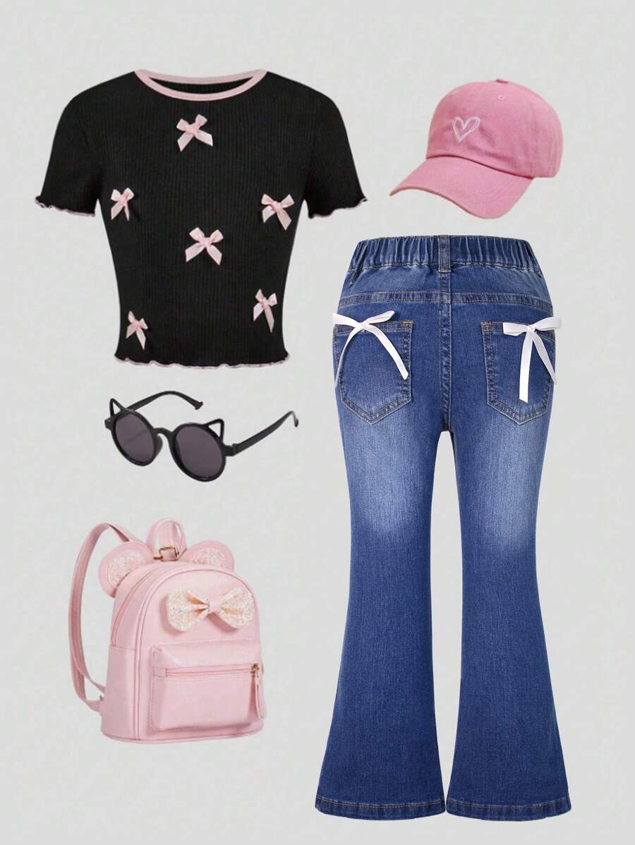 SHEIN Pantalones acampanados cómodos y elásticos con lazo para niñas, un elemento esencial y versátil