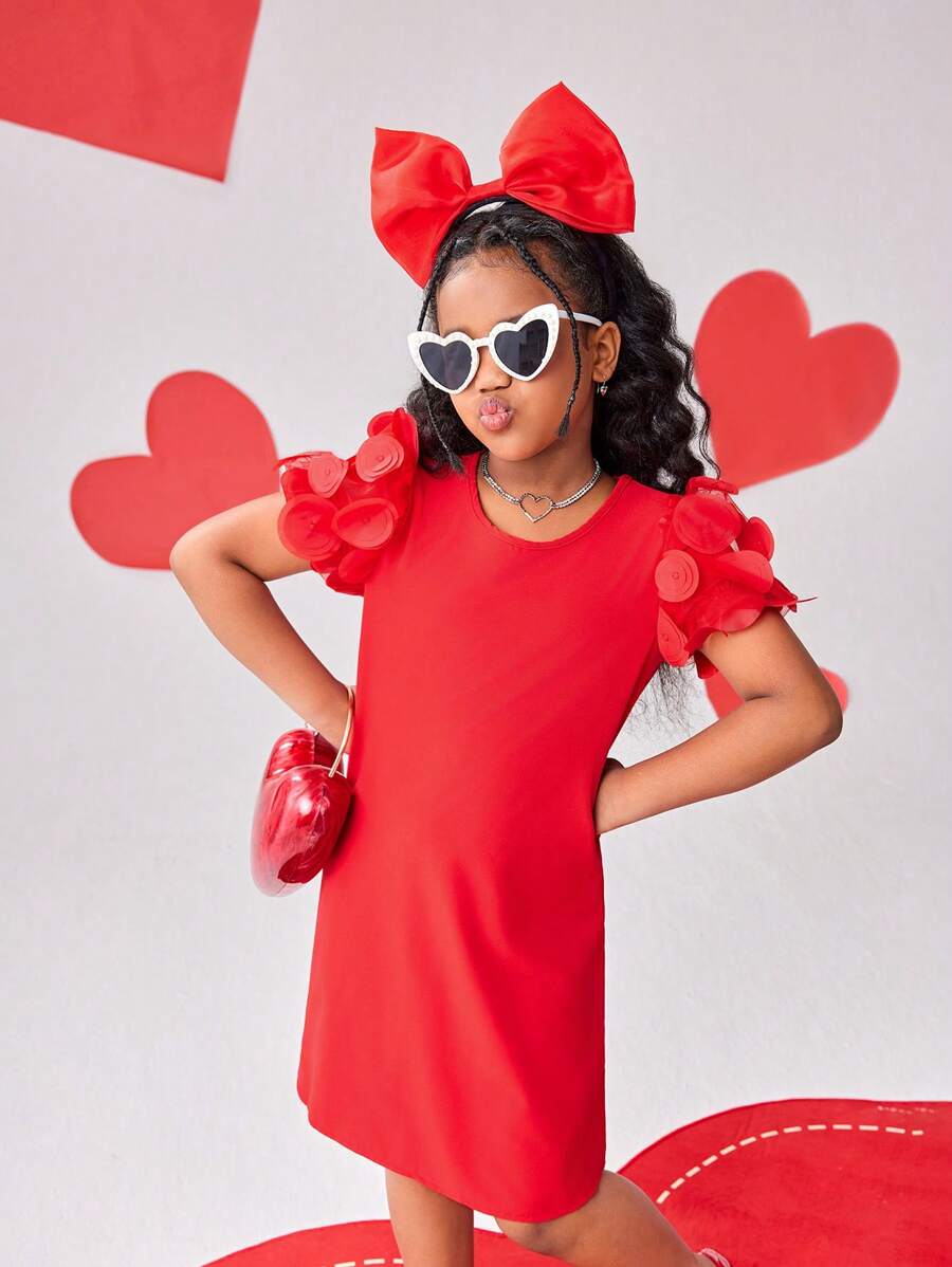 Vestido línea A con cuello redondo para niñas preadolescentes, con decoración de malla 3D y parches, en color rojo, adecuado para Año Nuevo, salidas, fiestas y todas las estaciones