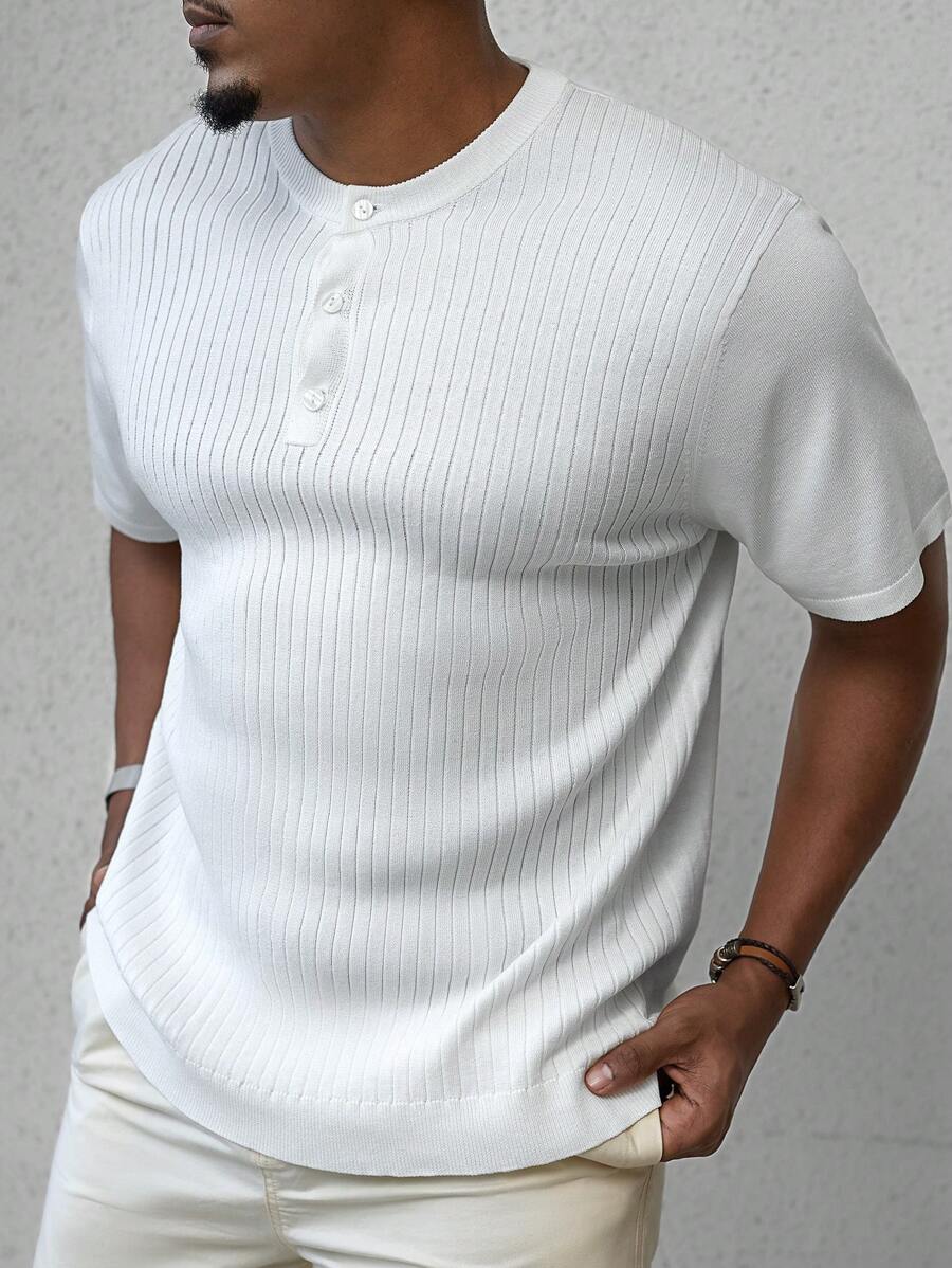 Manfinity CityGents Camiseta casual de punto de manga corta y cuello redondo con abotonadura parcial en el bajo, para otoño/invierno para hombre