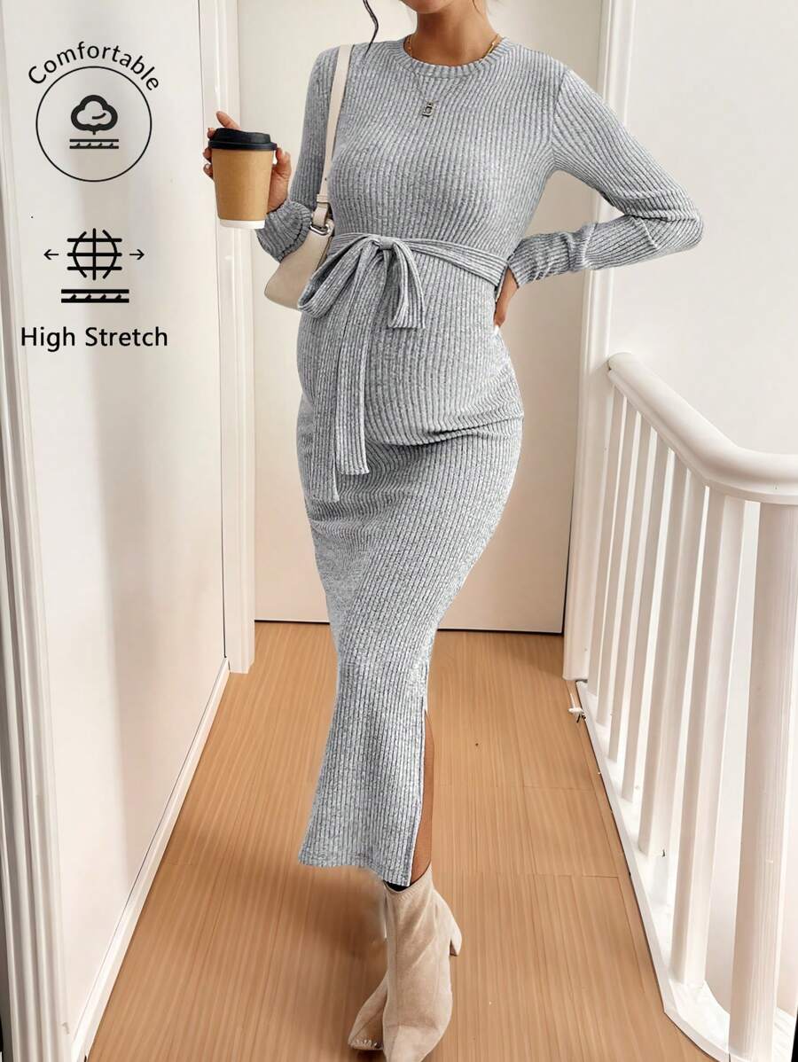 SHEIN Maternity Casual Solid Color Side Slit Bodycon Dress, Autumn/Winter