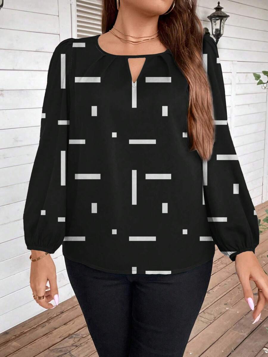 SHEIN LUNE Bluzka w rozmiarze plus size, swobodna, minimalistyczna, w paski, czarno-biały wzór, rękaw typu latarnia, dekolt w szpic, luźna, odpowiednia na jesień/zimę