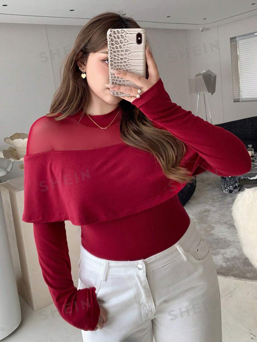 Dazy Petite Plus Camiseta ajustada de manga larga sexy con dobladillo con volantes de parches de malla, color burdeos, adecuada para el Año Nuevo Chino, primavera/verano/otoño