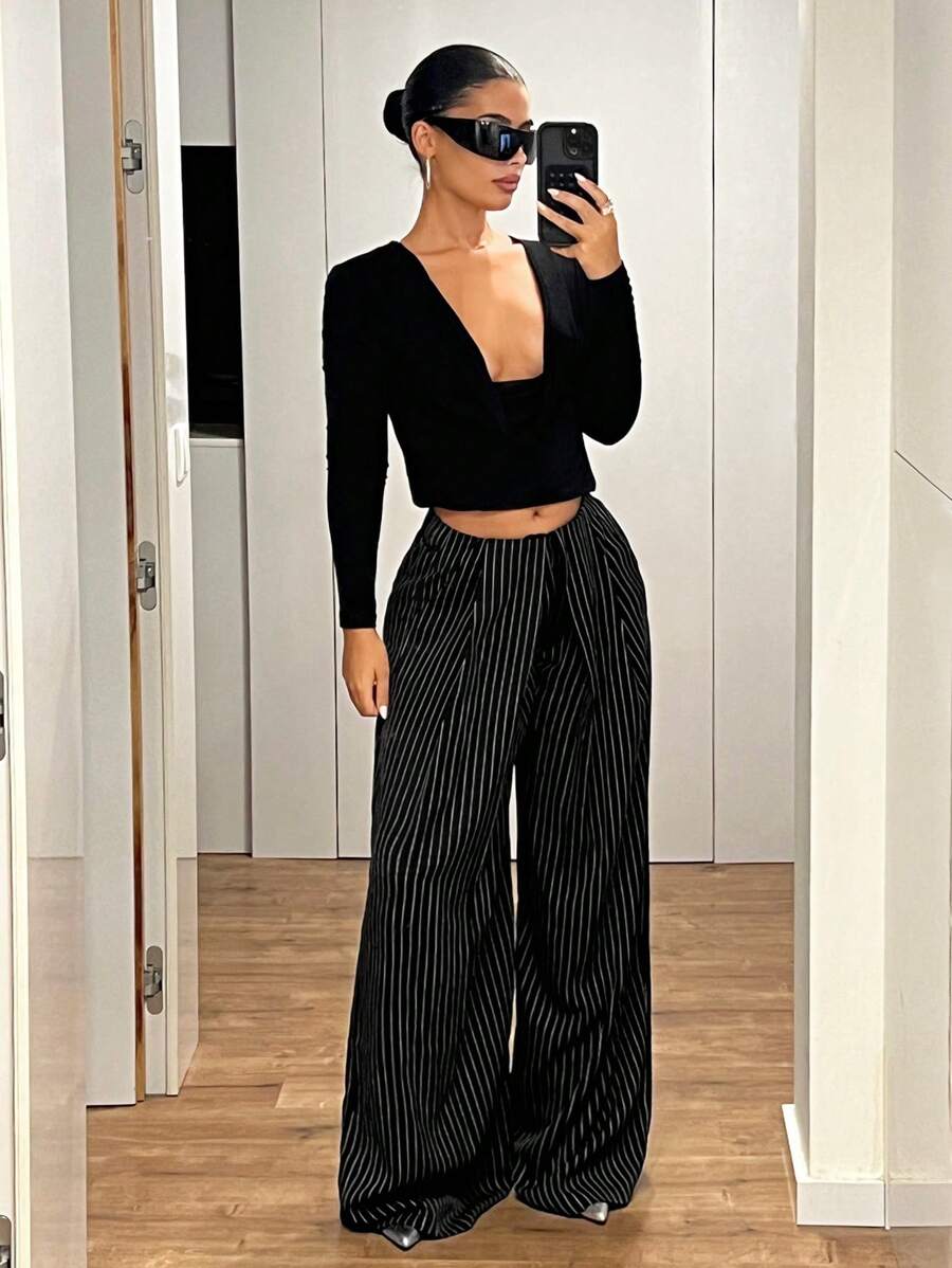 SHEIN ICON Ultra Low Rise Fold-Over Waistband Loose Wide Leg Pants
