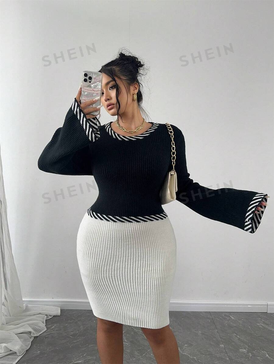 Franclia Vestido de suéter ajustado con mangas abombadas y bloque de color, informal para otoño/invierno, talla grande