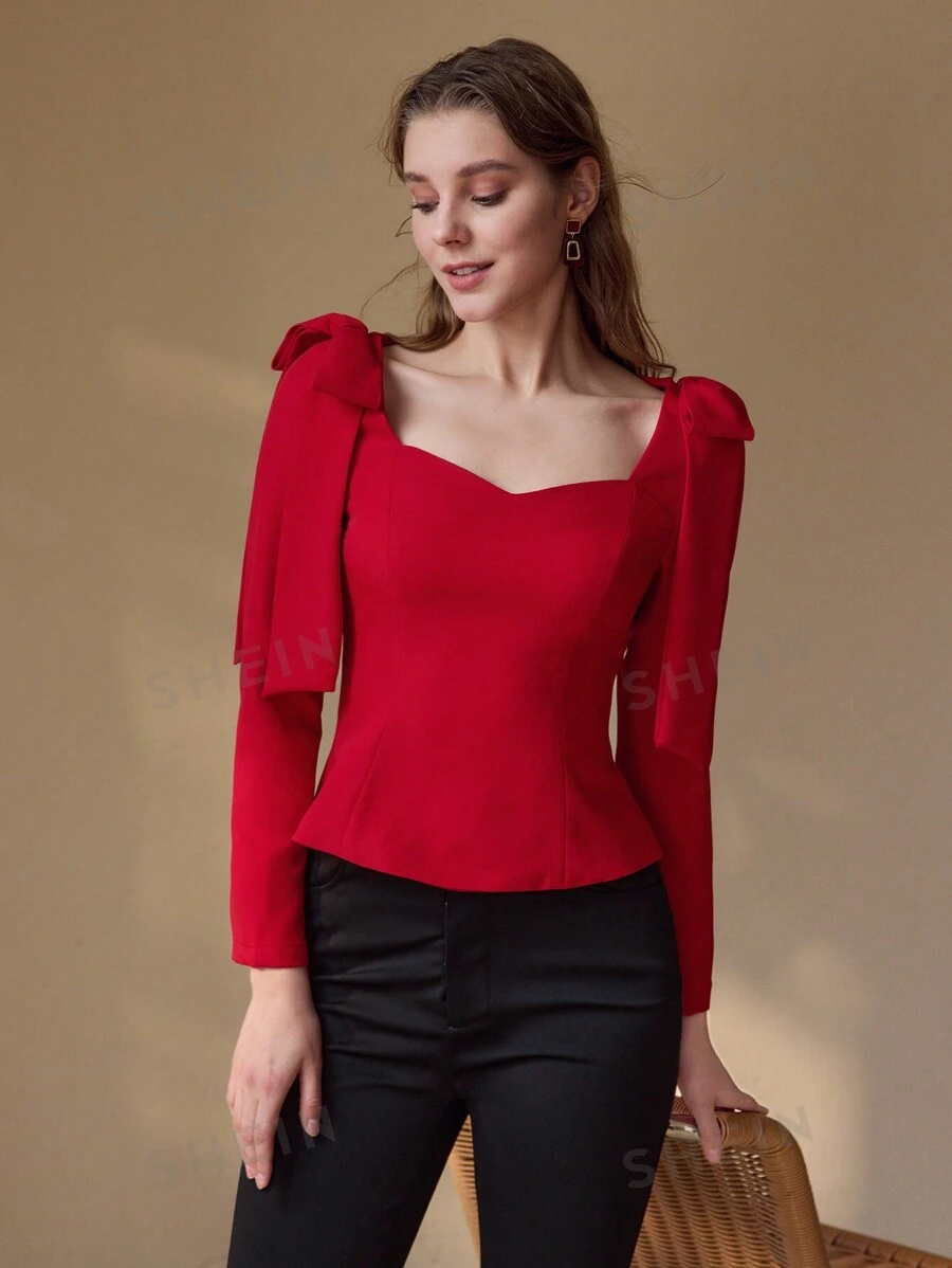 MOTF PREMIUM Blusa de hombros con lazo de cintura ajustada para ropa de Año Nuevo