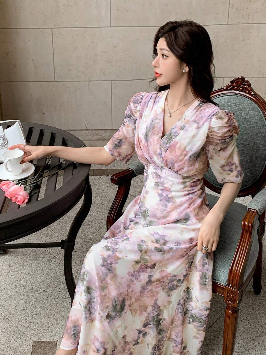 DAZY V-Neck Floral Print Puff Sleeve Mid-Length Dress For Women
