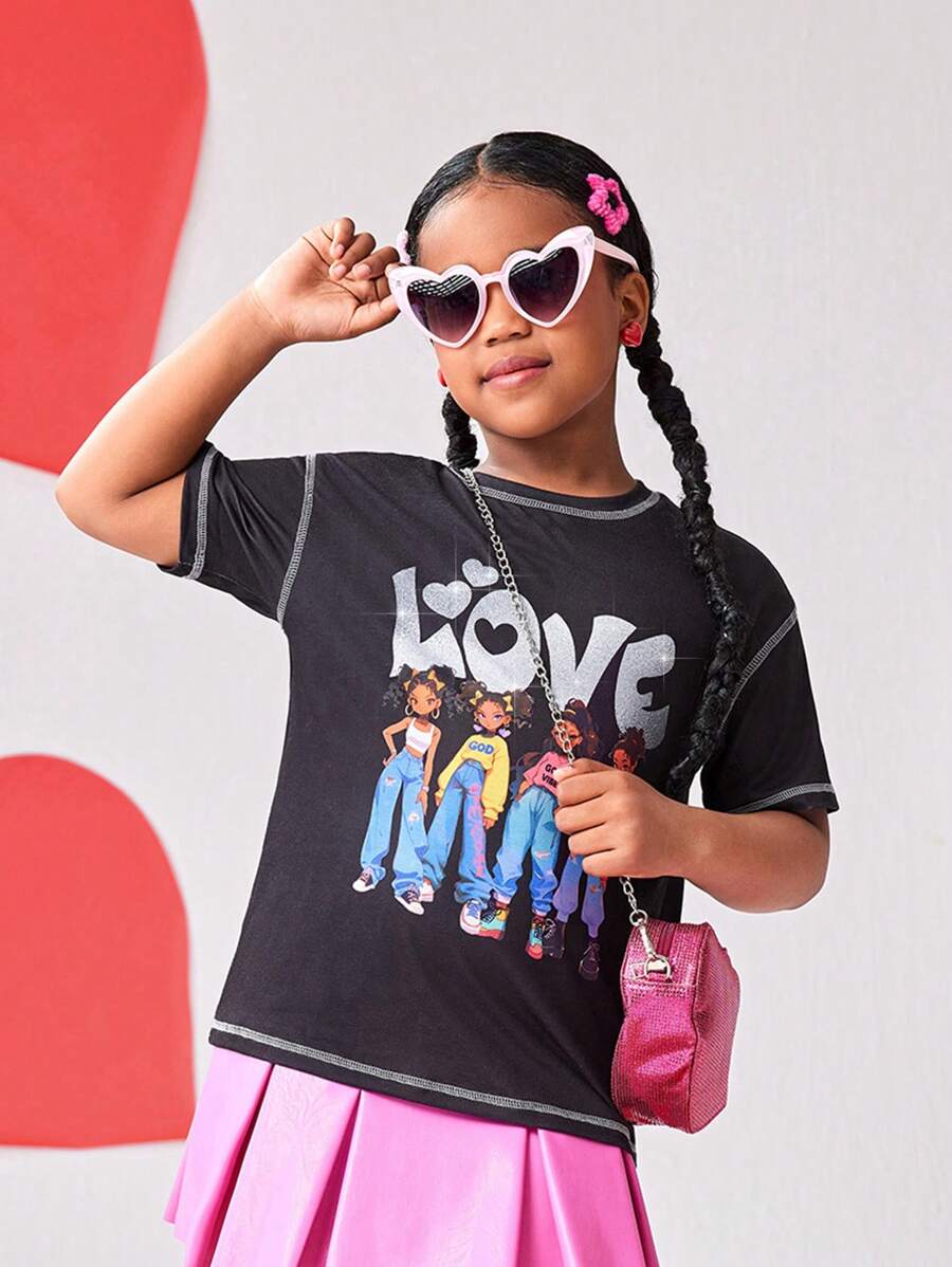 Tween Girls Black Short Sleeve T-Shirt With Cool Girl Metallic Print, Suitable For School And Outdoor Wear