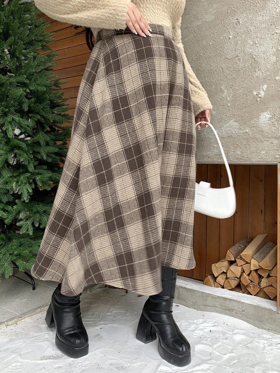 Dazy Plus Elastic Waist Plaid Mid-Length A-Line Pleated Skirt, Loose School Style, All Seasons