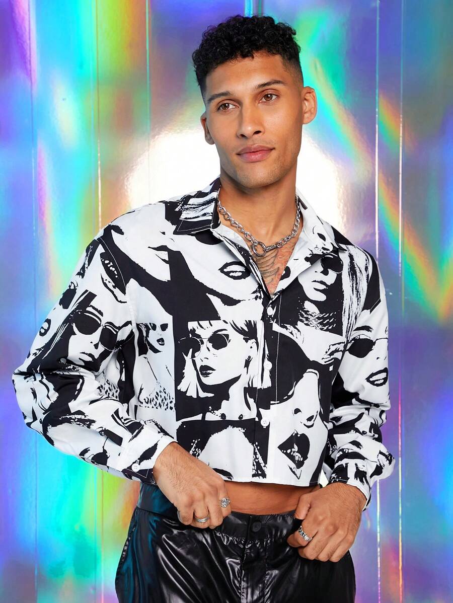 FeverCity Camisa de vestir de manga larga holgada con estampado digital para hombre