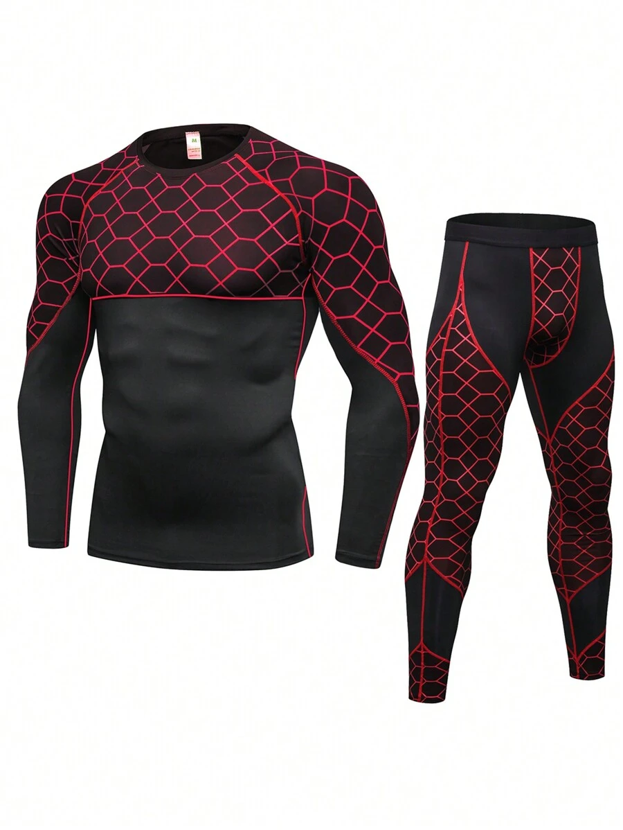 Manfinity Fitness Men 2pcs Solid Color Patchwork Round Neck Long Sleeve Top And Trousers Set, Minimalist Style