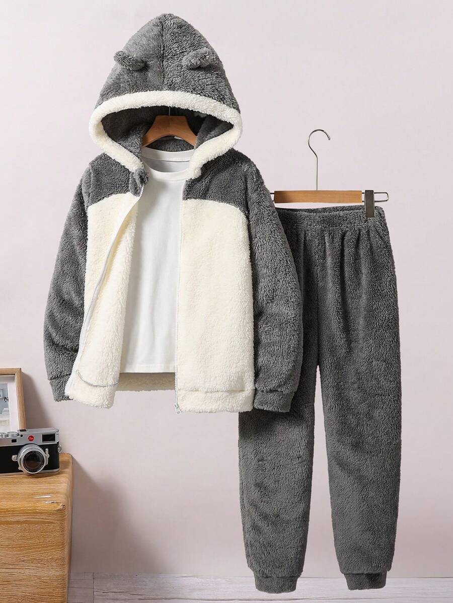 SHEIN Set de 2 piezas de chaqueta con cremallera y decoración de oreja de peluche y pantalones, informal y lindo, para niños preadolescentes, para otoño/invierno