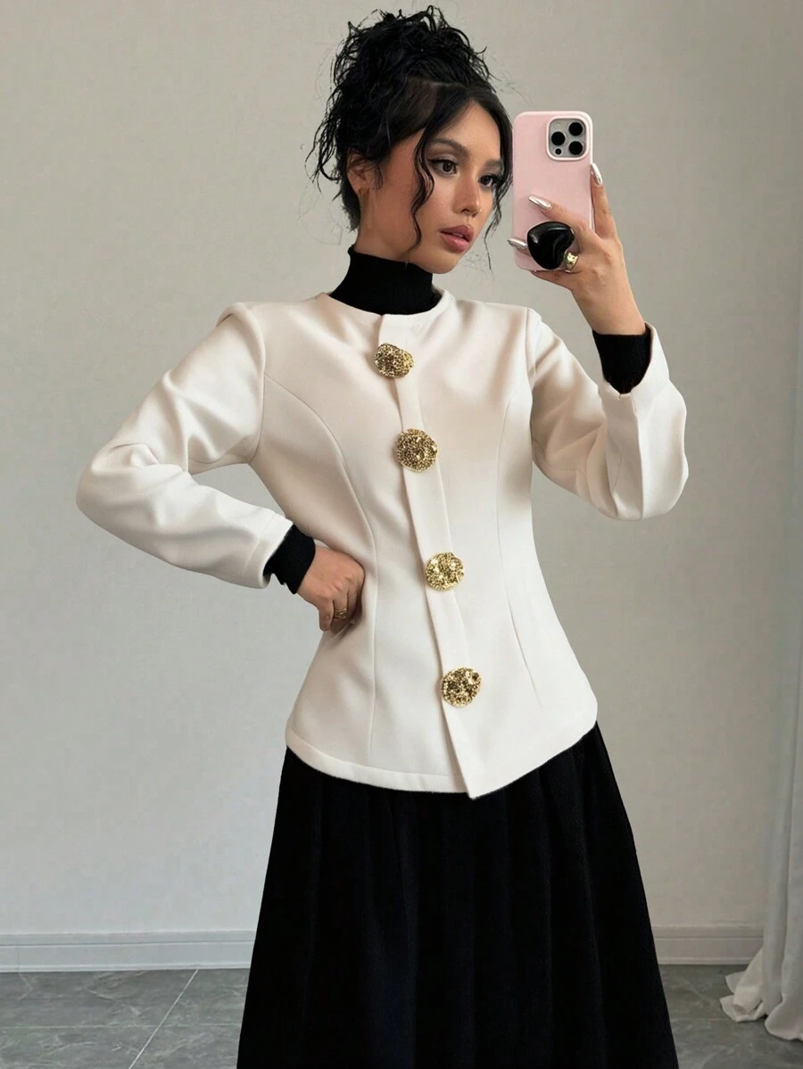 Firerie Nueva chaqueta de estilo elegante y sofisticado para oficina de otoño/invierno, color beige con botones metálicos en el cuello