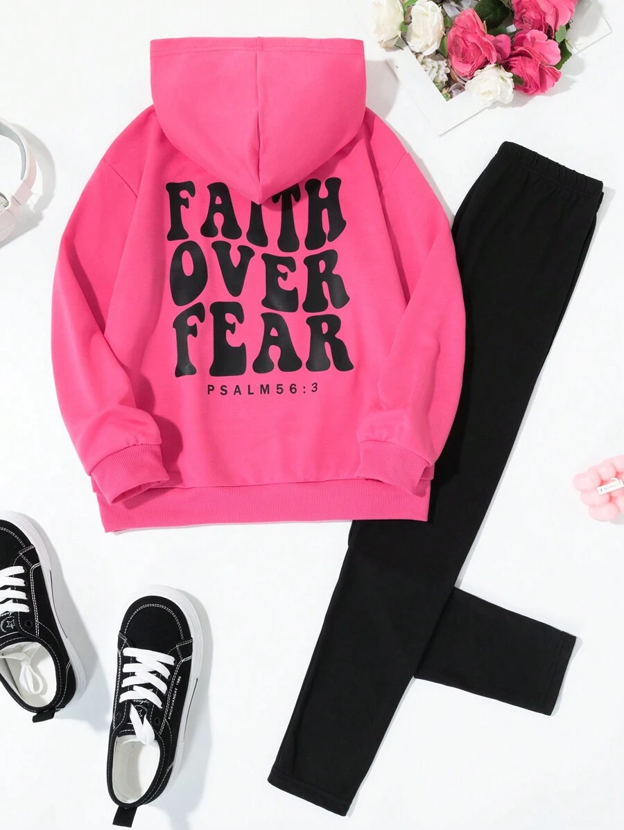 Set de 2 piezas: Sudadera con capucha suelta casual rosa con estampado de letras y leggings negros ajustados para adolescentes, otoño