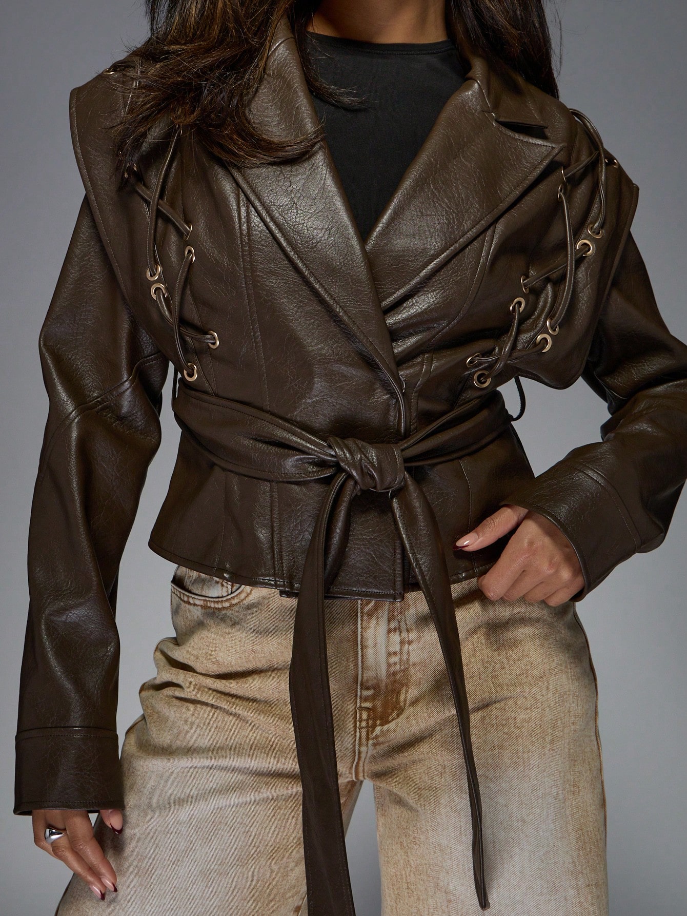 Faux Leather Cropped Motorcycle Jacket, Lace-Up, Edgy