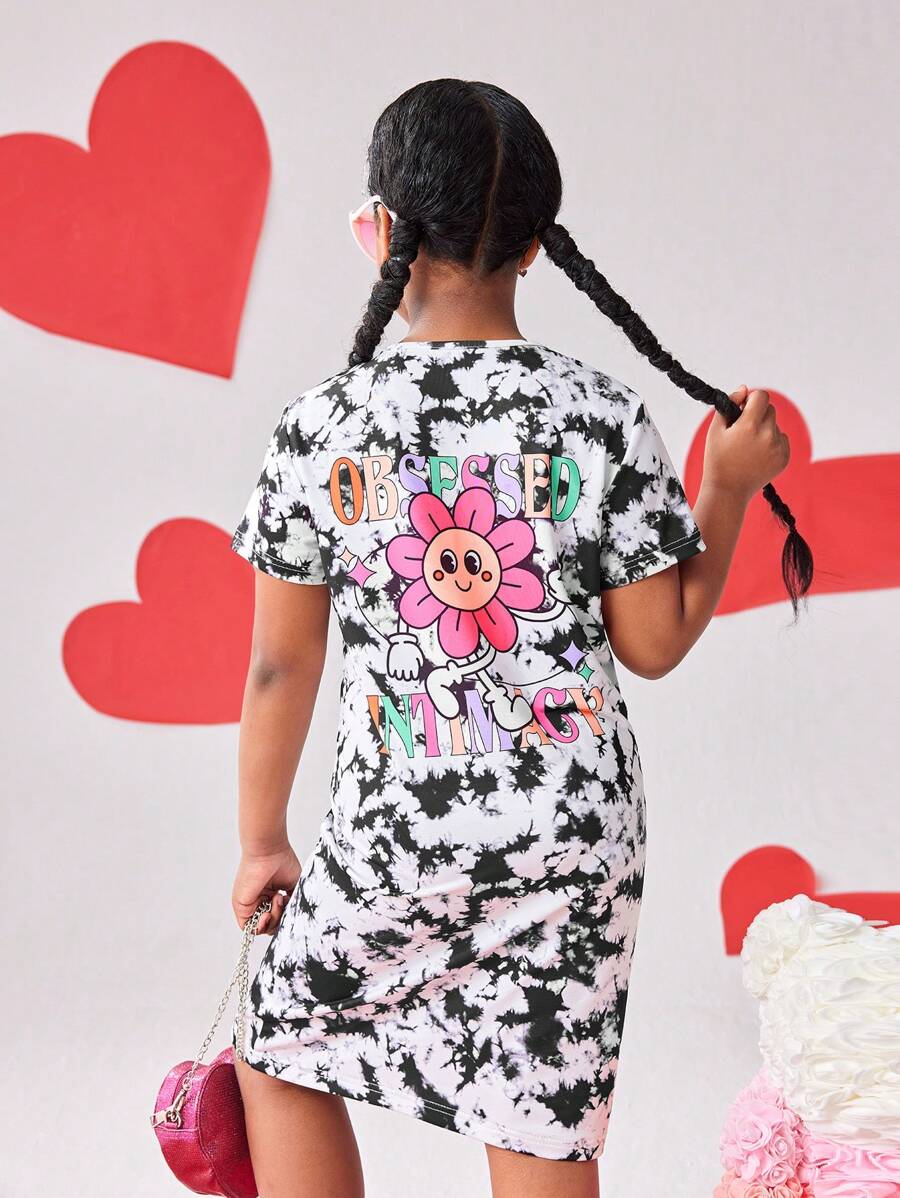 Vestido de camiseta con estampado floral y gráfico colorido de letras para niñas preadolescentes, moda y tendencia, apto para la escuela, viajes y uso en todas las estaciones