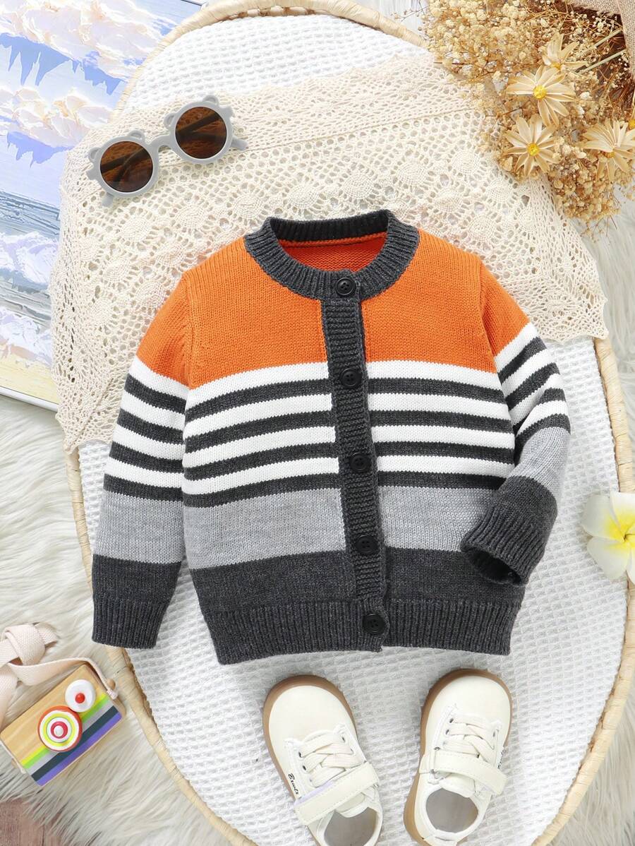 1 pezzo Cardigan maglia a costine, design a righe multicolore, comodo, classico collo a equipaggio, manica lunga, giacca casual e alla moda per autunno/inverno