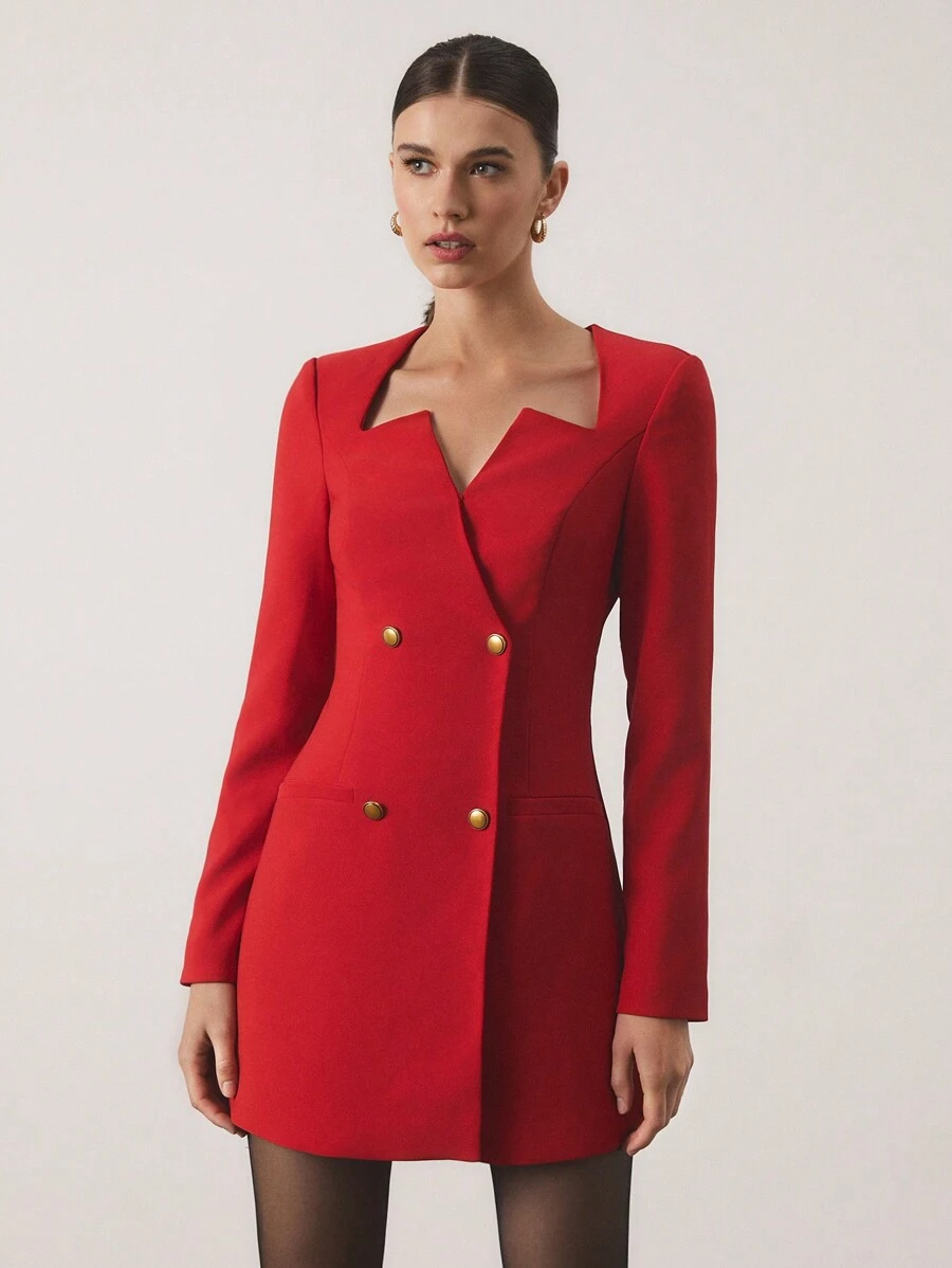 COSMINA Robe mini urbaine de navettage à manches longues et col en V rouge pour femmes, tenue du Nouvel An