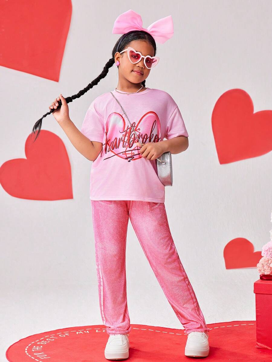 Conjunto de 2 piezas para niñas preadolescentes que incluye camiseta de manga corta con estampado de corazón rosa y pantalones largos con textura de mezquita, diseño de moda y alegre adecuado para la escuela, salidas, primavera/verano