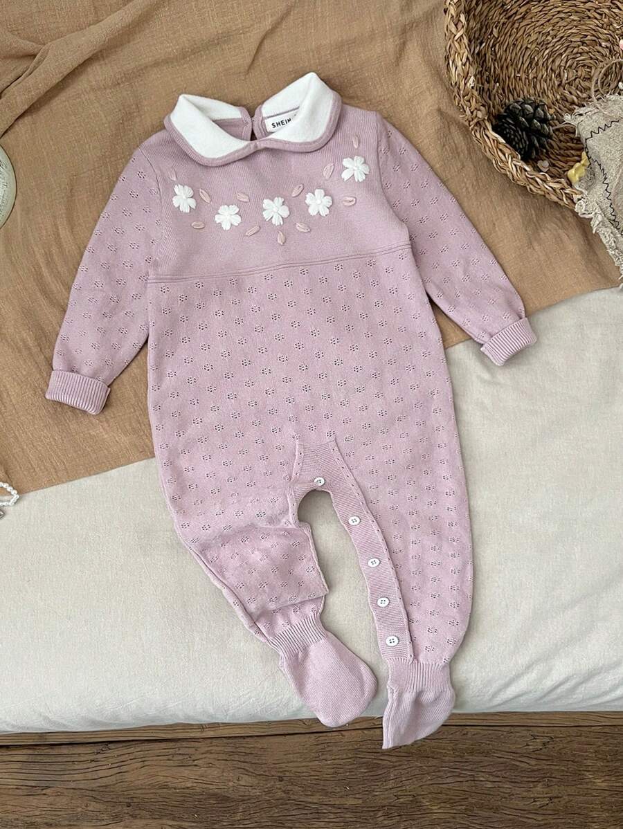 SHEIN Tuta da neonata in maglia con colletto Peter Pan, maniche lunghe, motivo floreale rosa, adatta per autunno/inverno