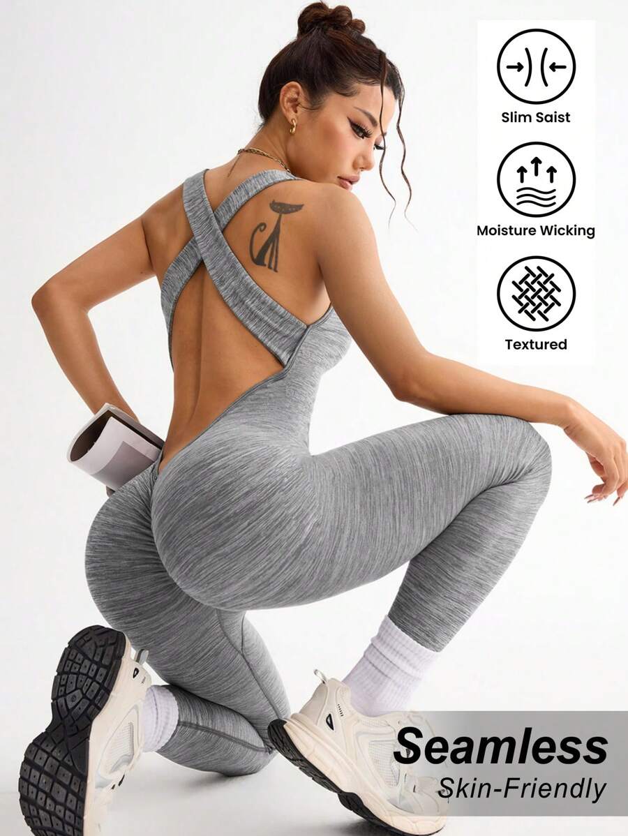 SHEIN Sport Studio Women Open Back Crisscross Casual Yoga Sports Jumpsuit
