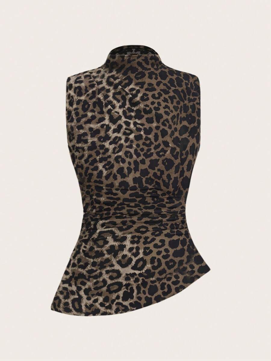 SHEIN Essnce Women Talk About Casual Fashion, 90s Style Street Photography, Spring And Autumn Ruched Collar Leopard Print Tank Tops, Sleeveless Tops, Going Out Tops, Autumn Women's Tops Women's Leopard Print Ruched Sleeveless Stand Collar Casual Tank Top