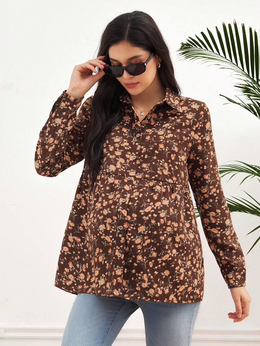 SHEIN Blusa de manga larga con estampado floral, botones y cuello de solapa para maternidad