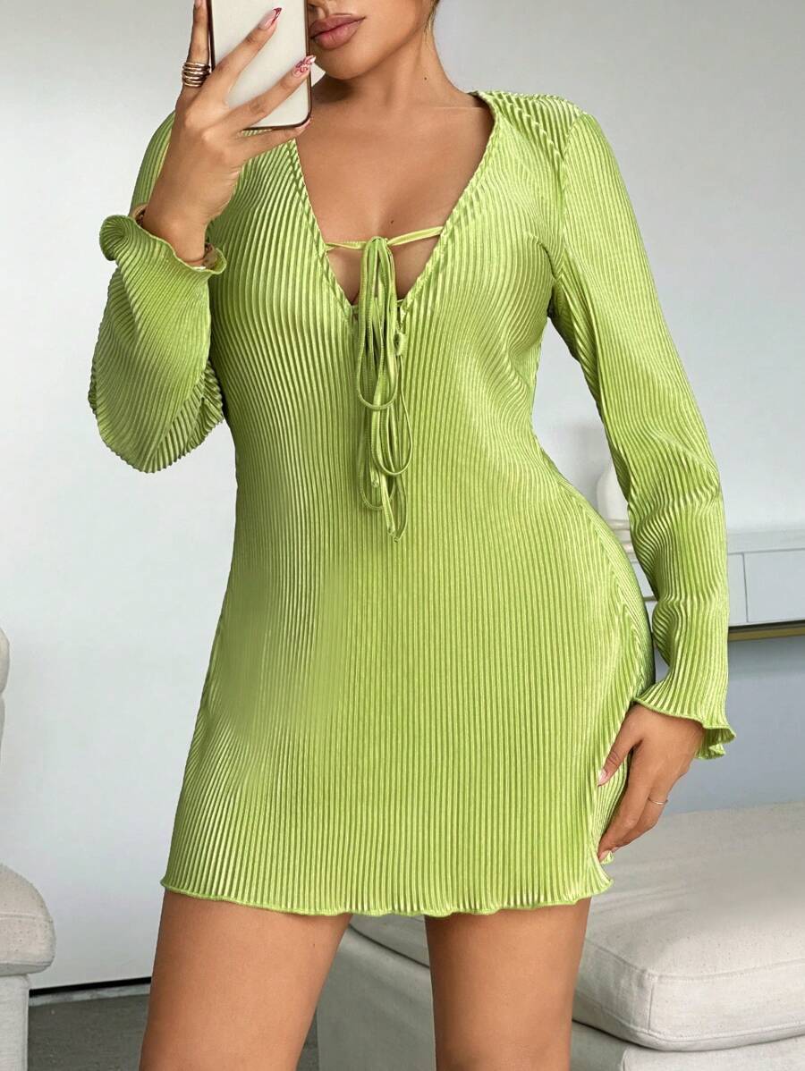 SHEIN SXY Women's Autumn Solid Color Deep V-Neck Mini Dress,Dresses For Women Summer,Cruise Outfits Women,Women Dresses Summer,Valentine's Day