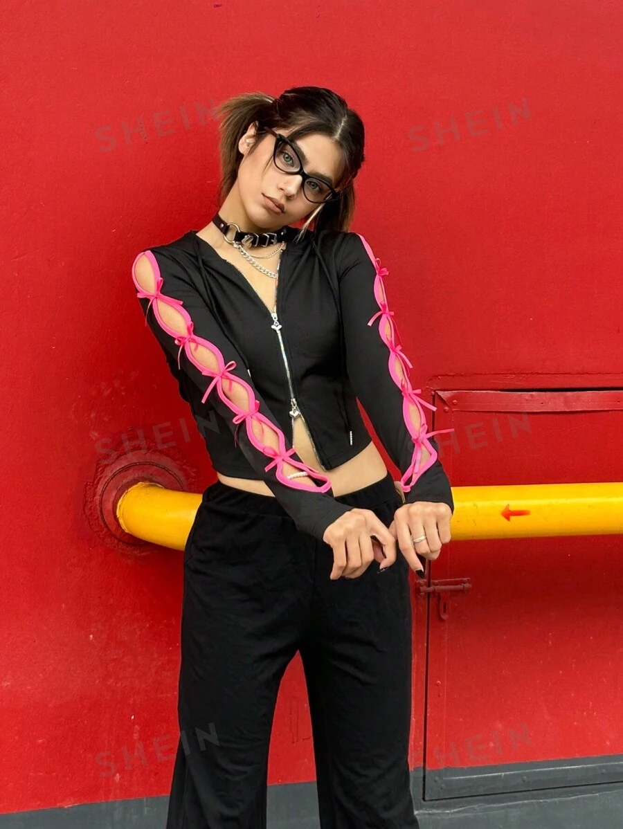SHEIN EZwear Chaqueta con capucha con lazo hueco para mujer, estilo Y2K