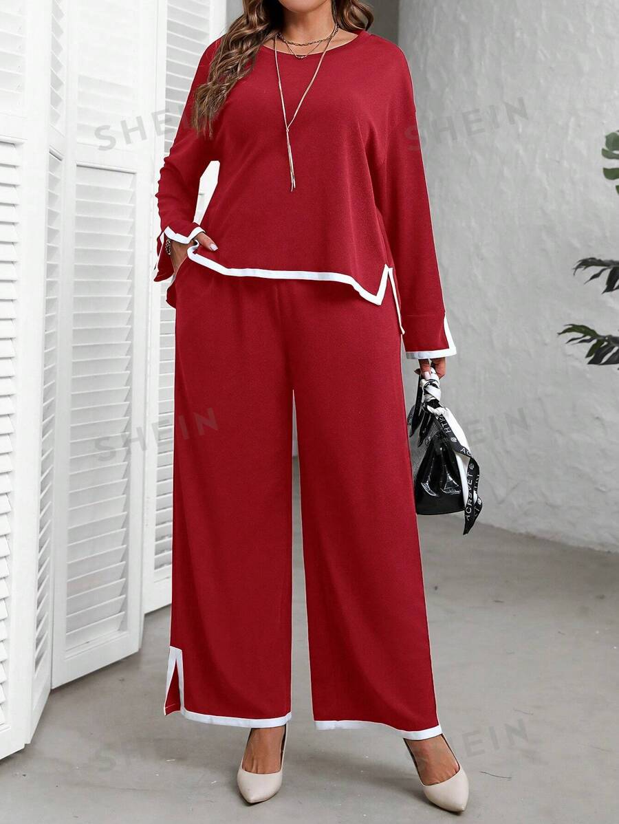 EMERY ROSE Conjunto de temporada de otoño de talla grande para mujer con blusa de cuello redondo de manga larga con abertura lateral en el bajo y pantalones de pierna ancha