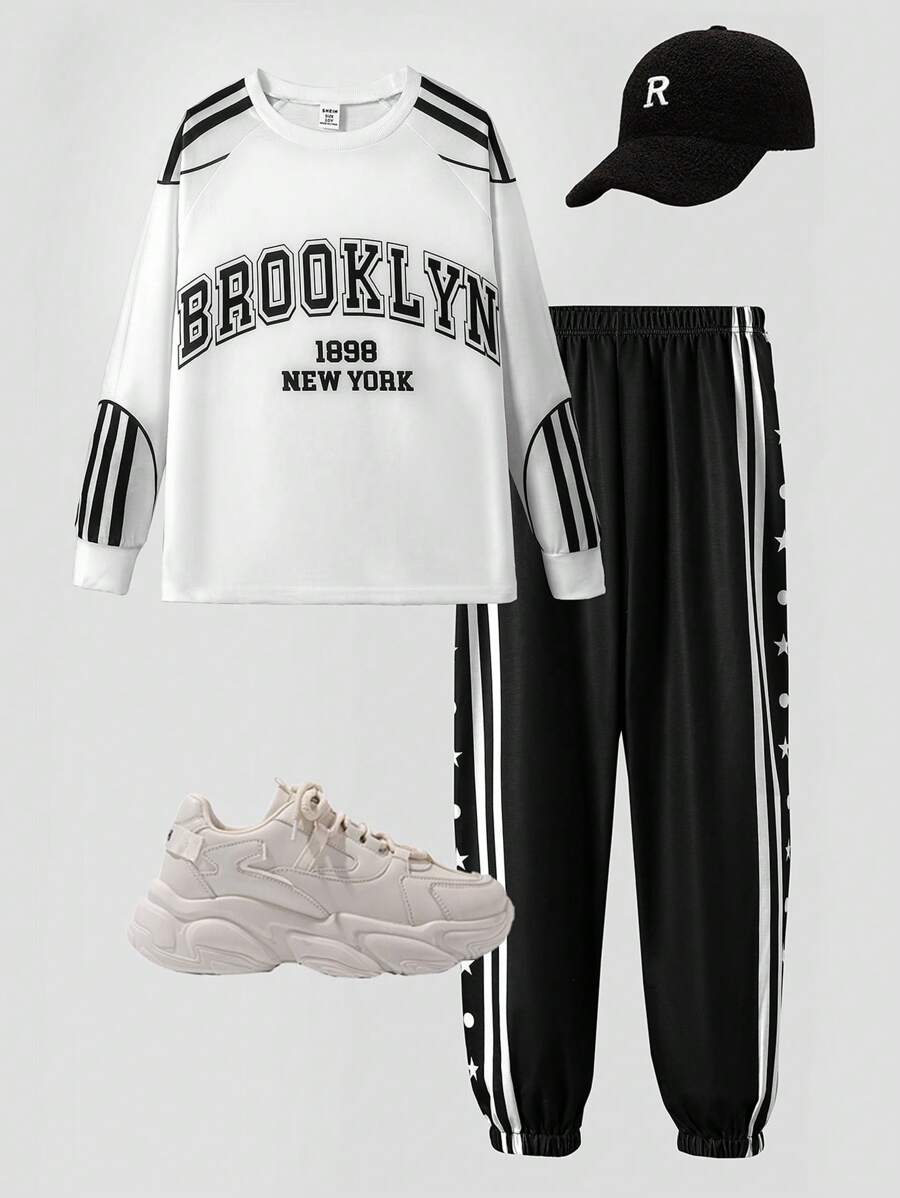 SHEIN Set de 2 piezas de Camiseta de manga larga y pantalones casuales energéticos para niños preadolescentes, con cuello redondo, estampado de letras, decoración a rayas en el hombro y el puño de la manga, pantalones deportivos a juego negros. Adecuado para ocasiones casuales, reunirse con amigos y actividades de ocio