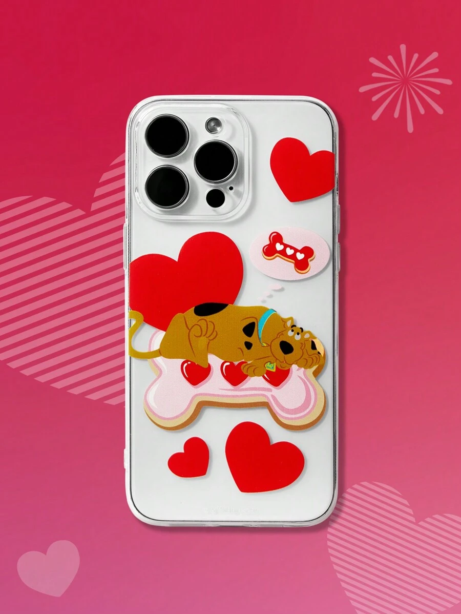 SCOOBY-DOO X SHEIN Fashionable Cartoon Dog & Heart Print Transparent Phone Case, For Valentine's Day