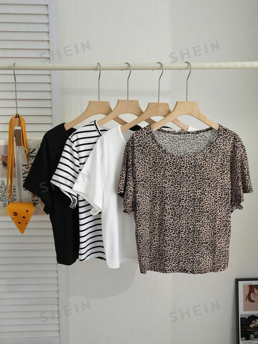 SHEIN EZwear Camisetas básicas de punto con cuello redondo, de ajuste ceñido, para mujer de talla grande, en paquete múltiple, diseño lindo para primavera