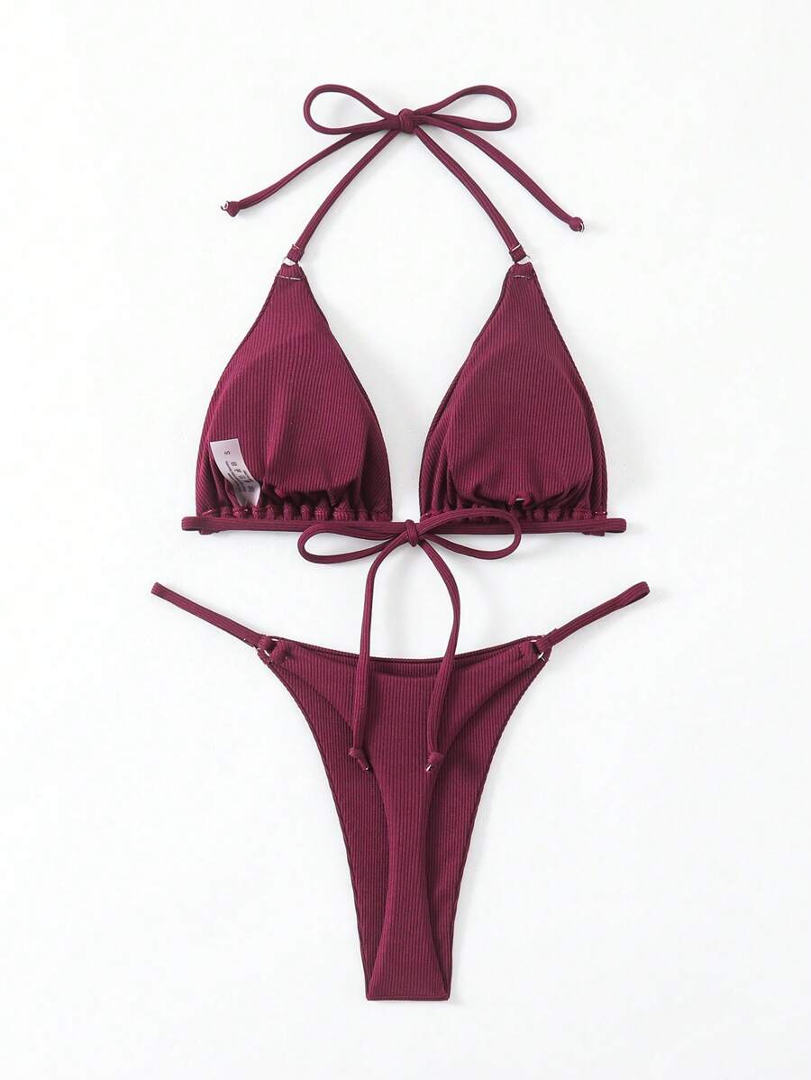 Conjunto de bikini para mujer con parte superior de cuello de halter y Bottom con nudo en la espalda, bikini de verano