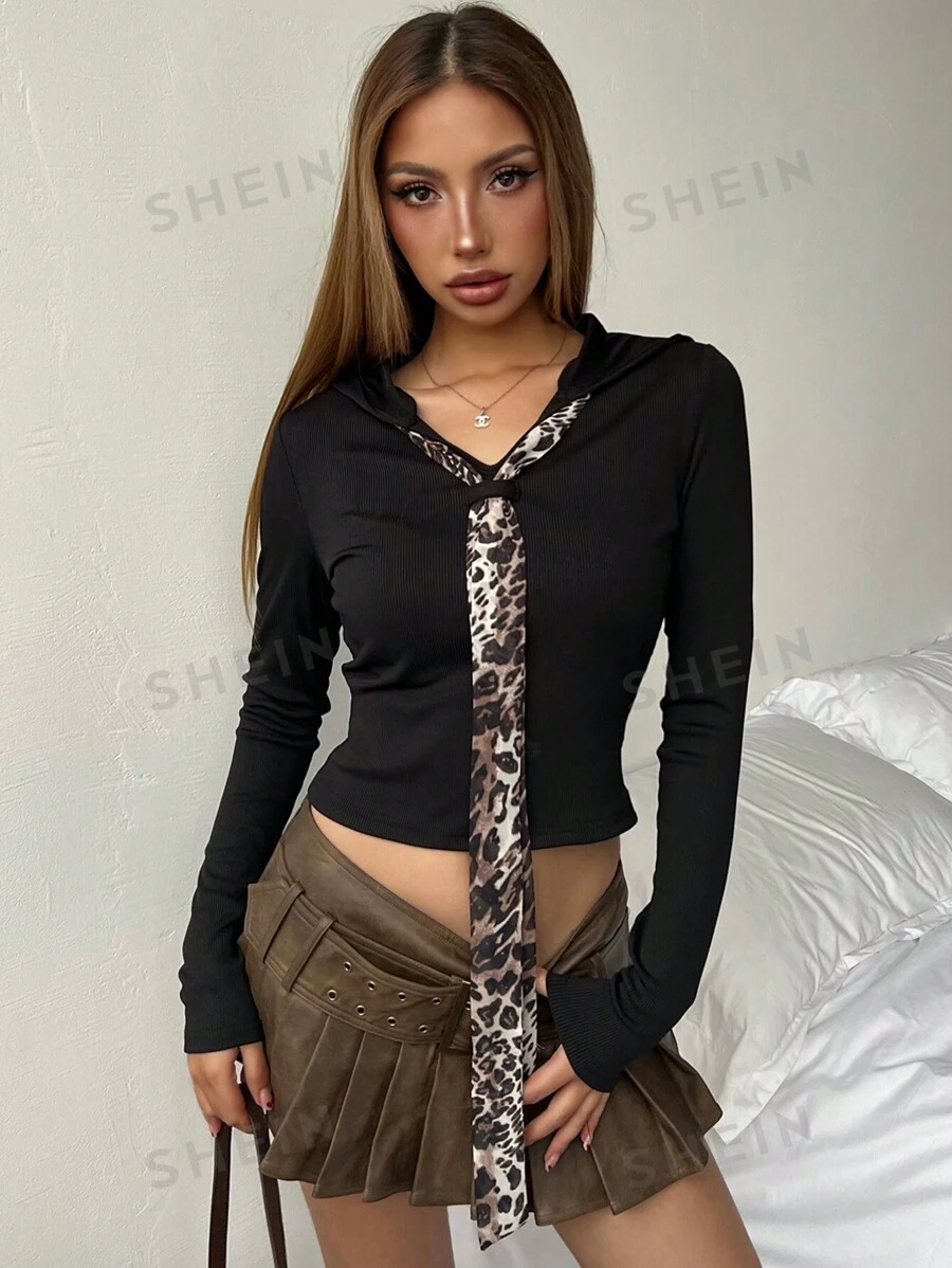 INAWLY Camiseta de manga larga con capucha ajustada con estampado de leopardo para mujer, Camisetas casuales con estampado gráfico de guepardo para tops de outfits de primavera para mujer