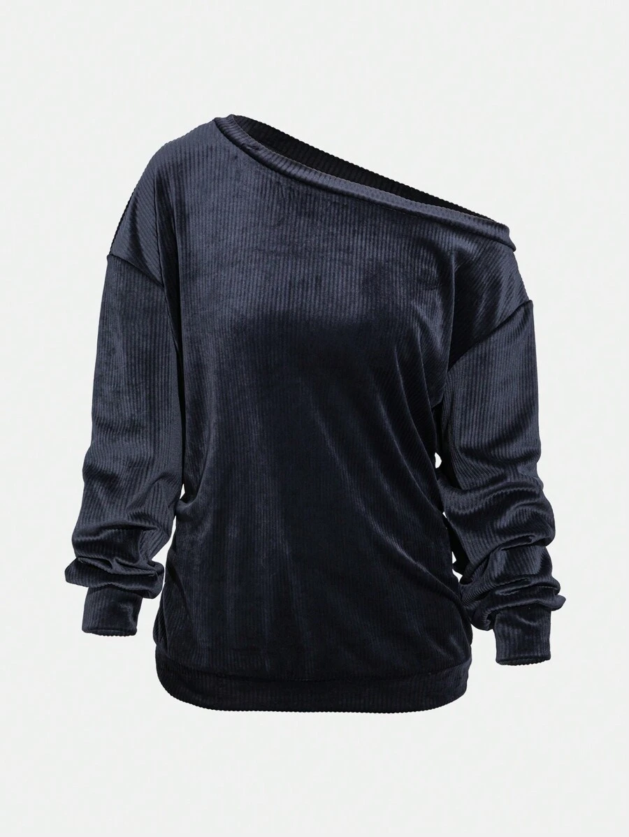 Flirla Asymmetrical Neck Solid Color Casual Sweatshirt