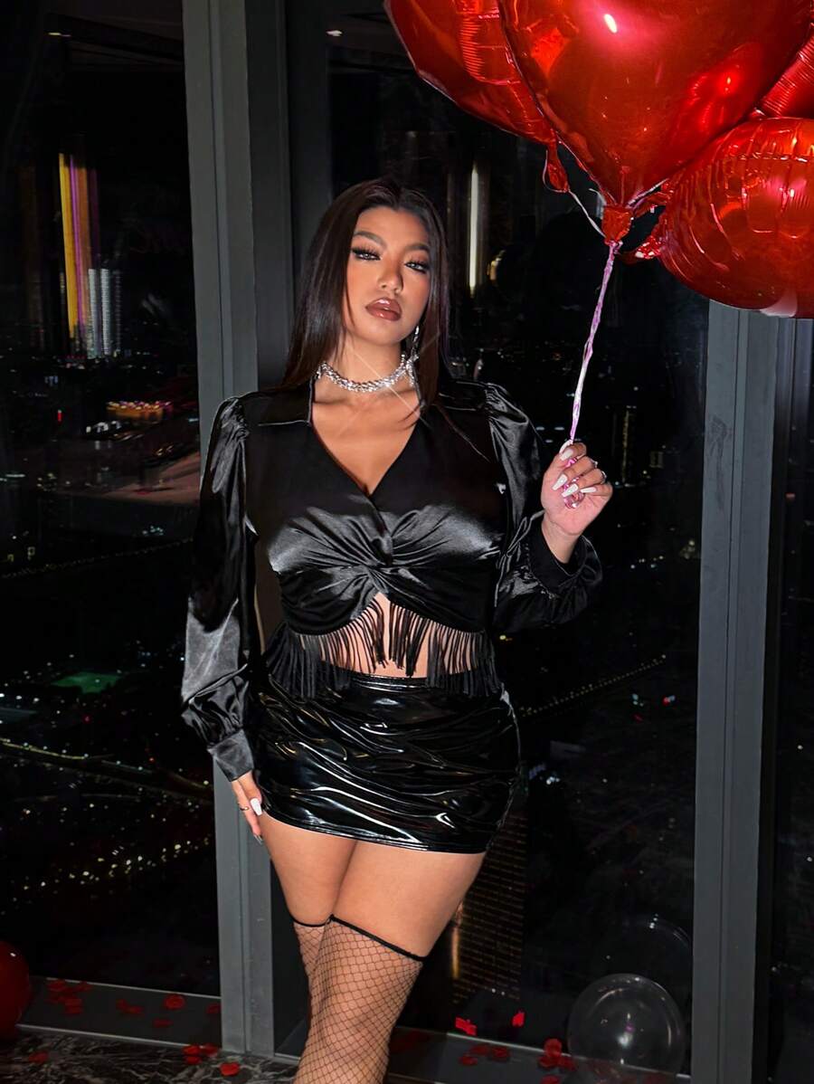 Allurite Plus Size Women's Black Satin V-Neck Long Sleeve Blouse With Tassel, Elegant And Sexy For Formal Occasions Valentine's Day
