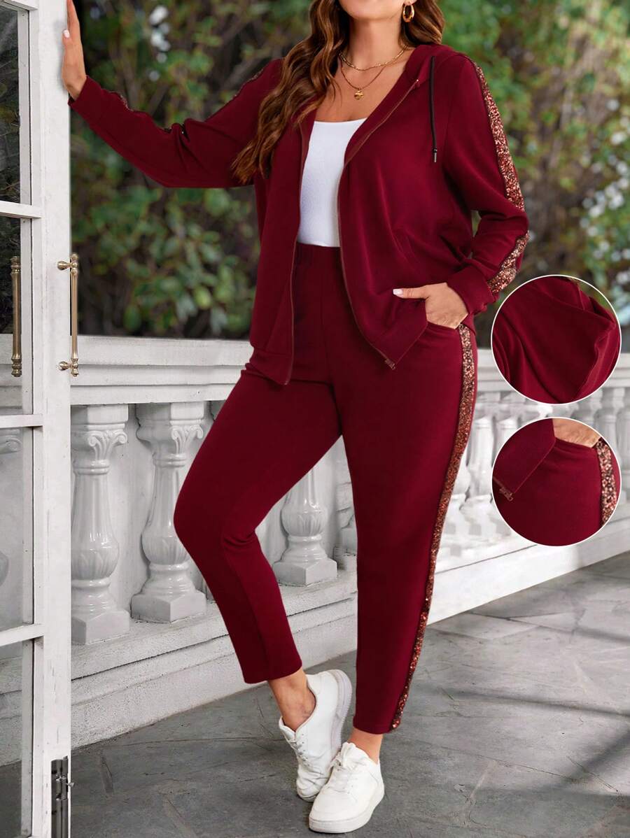 EMERY ROSE Plus Size Women Autumn Sequin Patchwork Zipper Hoodie And Pants Casual 2 Pieces Set,Christmas Clothes Women,Christmas Clothes Women,New Years Women Outfit,Tracksuit Women,Vacation Outfits,Vacation Two Pieces Set