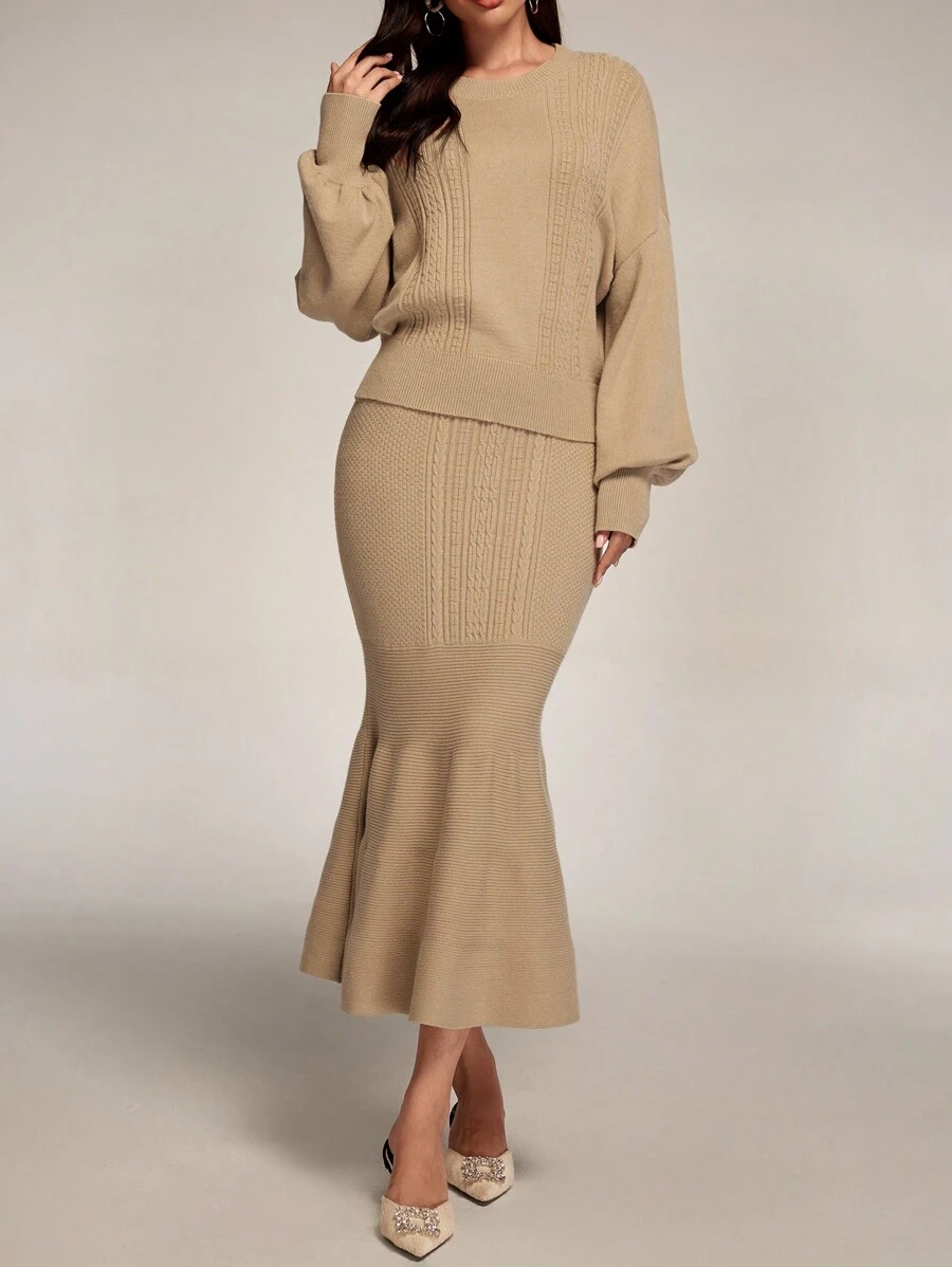Modelyn 2pcs Solid Color Knitted Sweater Set - Long Sleeve Top And Mini Skirt, Casual Minimalist Outfit For Everyday Wear 2 Pieces Set