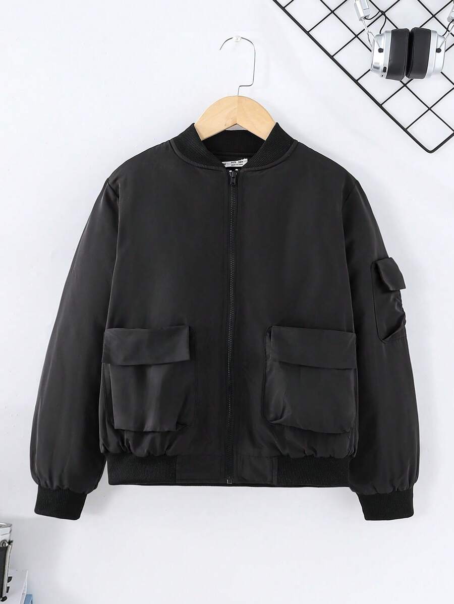 SHEIN Jaqueta casual folgada e minimalista, com decoro de bolso lateral, de gola redonda, confortável para meninas pré-adolescentes