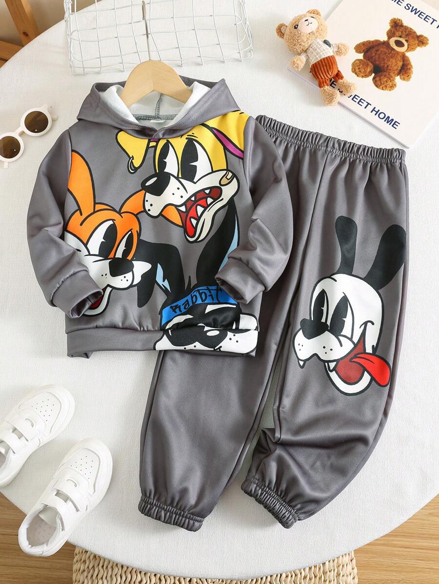 2pcs/Set Young Boys Casual College Style Comfortable And Fashionable Simple Practical Cute Playful Cartoon Animal Printed Thermal Lined Hoodie And Pants, Suitable For Young Boys Outfits, Back To School, Young Boy Clothes, Daily Wear, School, Outings, Sports, Autumn And Winter