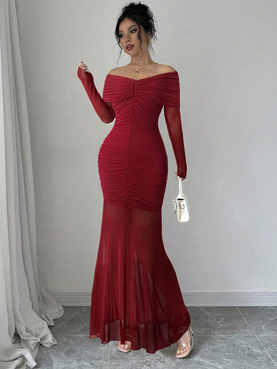 Firerie Elegante off-shoulder gerimpelde jurk voor dames, rode lange jurk, nieuwjaar, Valentijnsdag